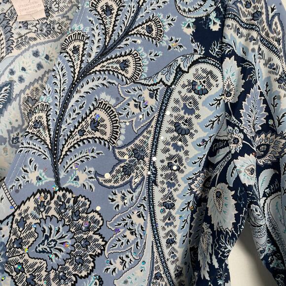 y2k Brittany Black Bedazzled Paisley Wrap Top Size L Blue Hippie Retro Stretchy - Picture 10 of 12